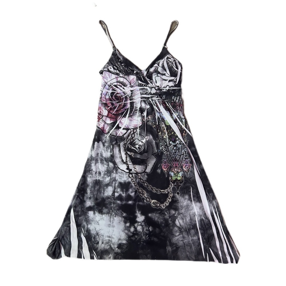 Purple Rain Graphic Rose romantic Floral Mini Dress cyber chain Y2K Vintage - Picture 6 of 6